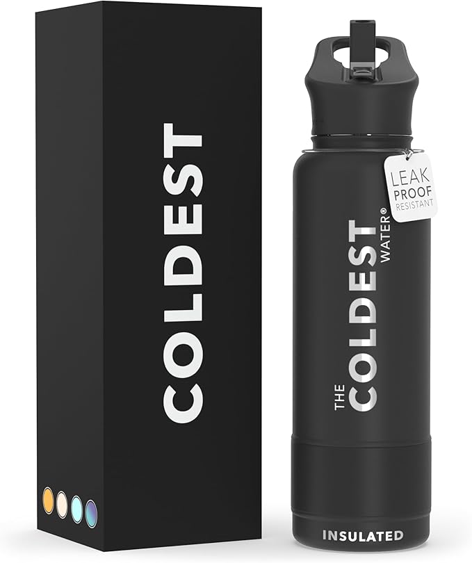Coldest Sports Water Bottle with Straw Lid Vacuum Insulated Stainless Steel Metal Thermos Bottles Reusable Leak Proof Flask for Sports Gym (40 oz, Stealth Black)