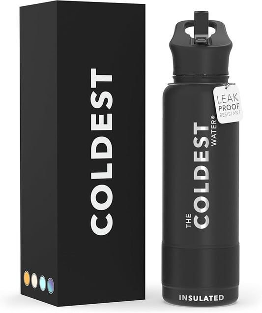 Coldest Sports Water Bottle with Straw Lid Vacuum Insulated Stainless Steel Metal Thermos Bottles Reusable Leak Proof Flask for Sports Gym (40 oz, Stealth Black)