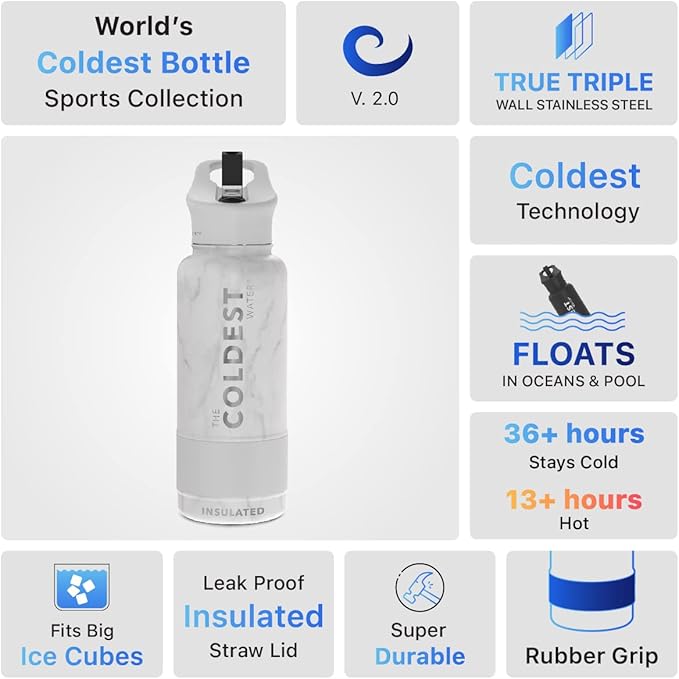 Coldest Sports Water Bottle with Straw Lid Vacuum Insulated Stainless Steel Metal Thermos Bottles Reusable Leak Proof Flask for Sports Gym(32 oz, Marble White)