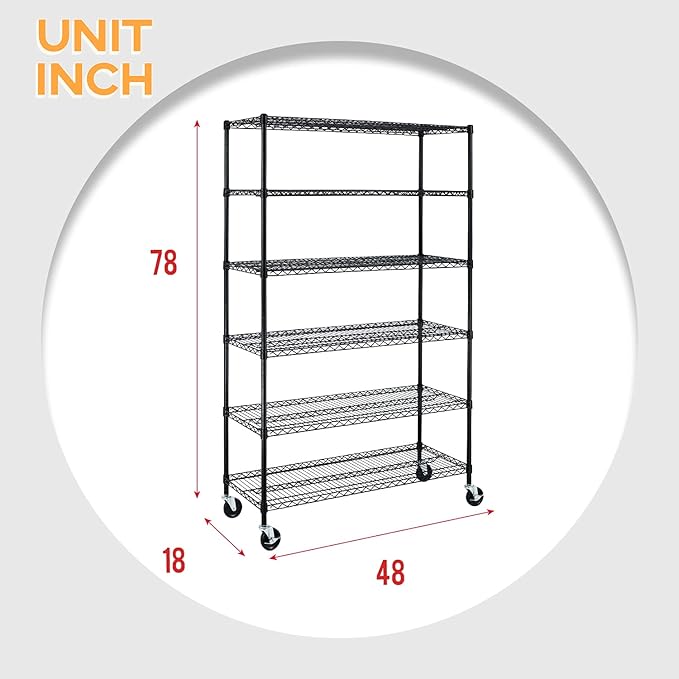 BestOffice | 6-Tier Wire Storage Shelves with Wheels | 18x48x77 | Black | Adjustable Racks | Heavy-Duty Metal Shelf, Holds Upto 600 lbs | No-Tool Assembly | Ideal for Home & Garage Shelving