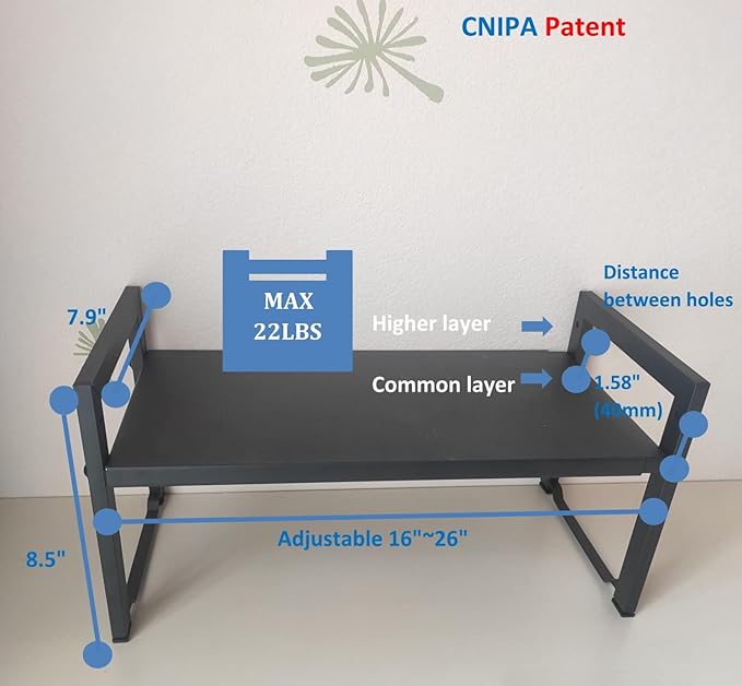 Expandable Cabinet Shelf Organizer 16-26" L Stackable Kitchen Counter Shelf Rack Sink Riser Countertop Storage Black (Normal 7.9”D)