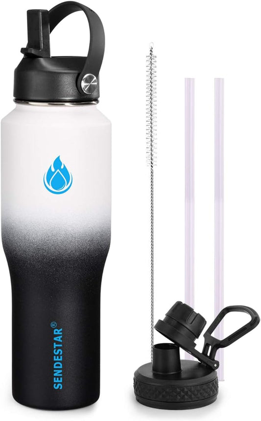 SENDESTAR Water Bottle 32oz,2 Lids(Straw lid),Wide Mouth Stainless Steel Vacuum Insulated Double Wall Keep Liquids Cold or Hot All Day,Sweat Proof Sport Design,Fit Car Cup Holder(Day&Night)