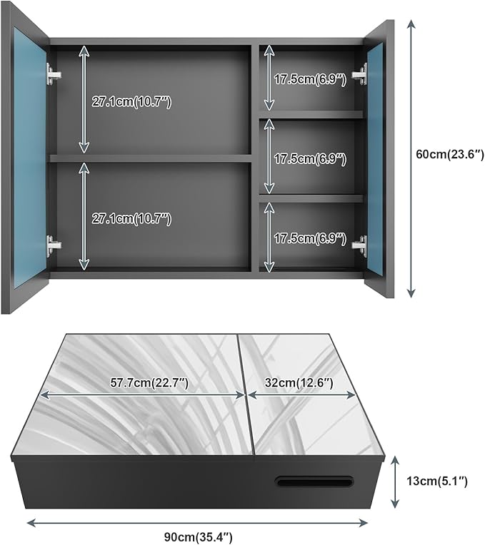 24 x 35.4 inch Bathroom Medicine Cabinet with Mirror, Black Metal Framed Mirror Medicine Cabinet with Storage, Pre-Assemble Medicine Cabinets for Bathroom, Recessed or Surface Mount