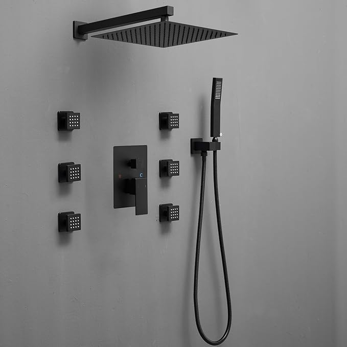 BWE Black Shower System with Body Jets 12 Inch Wall Mounted Rain Shower and Handheld Sprays Brass Full Body Massage Spa Spray and Rough In Valve Faucet Set Combo for Bathroom Matte