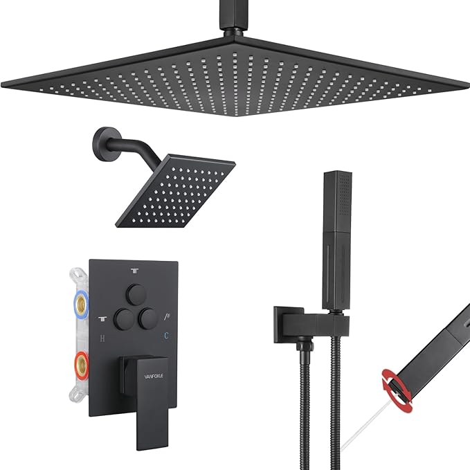 VANFOXLE Shower Faucet Set Matte Black Shower System,Shower Faucet with 2 in 1 Handheld,Ceiling Mount 16 Inch Shower Head+6 Inch Shower Head(Rough-in Valve Body and Trim)