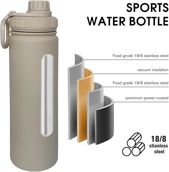 22oz Insulated Water Bottle ，Stainless Steel Sports Water Cup Flask with 2 Lids, Wide Mouth Travel Thermal Mug,Outdoor Sports Bottle（Cream apricot）