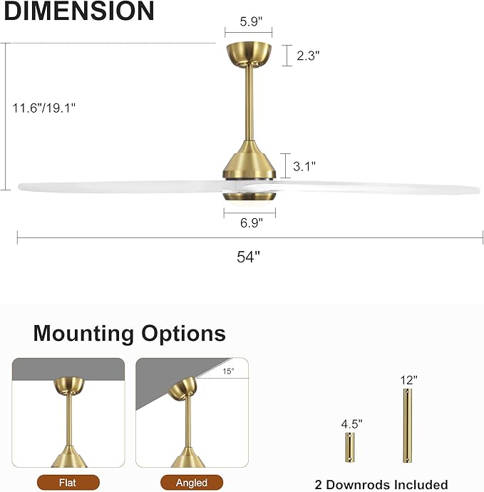 54 Inch Modern Ceiling Fan with Lights and Remote, 5 Wood Blades, 6-Speed Noiseless Reversible DC Motor with Replaceable Downrods for Bedroom Living Room Dining Room, White and Gold.