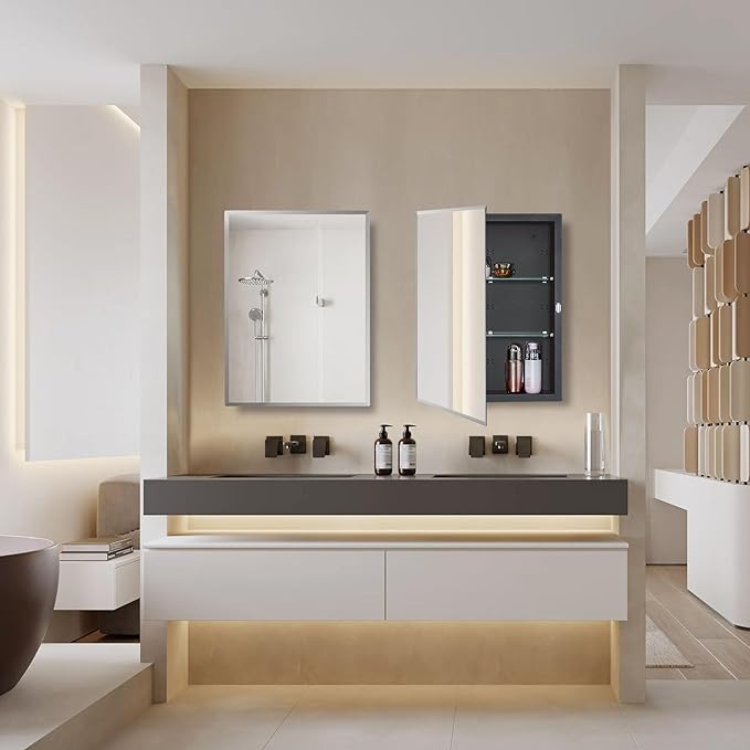 Black Bathroom Medicine Cabinet with Beveled Edge Mirrored Door 16 x 22 inch, Recessed or Surface Mount, with Adjustable Glass Shelves