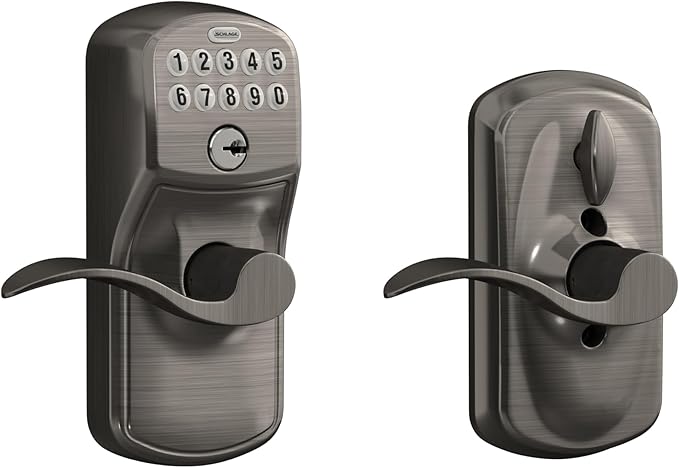 Schlage Plymouth Keypad Entry with Flex-Lock and Accent LeverKnob, Antique Pewter, FE595 PLY 620 Acc