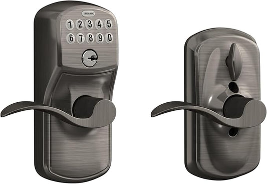 Schlage Plymouth Keypad Entry with Flex-Lock and Accent LeverKnob, Antique Pewter, FE595 PLY 620 Acc