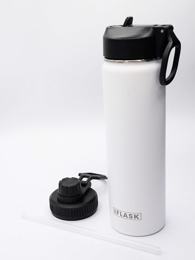 Sport Travel Outdoor Water Bottle with Spout and Straw Lids | Leak Proof | Insulated Stainless Steel Double Walled | BPA and Sweat free | Hot & Cold | For Kids Men & Women (White, 22 oz)