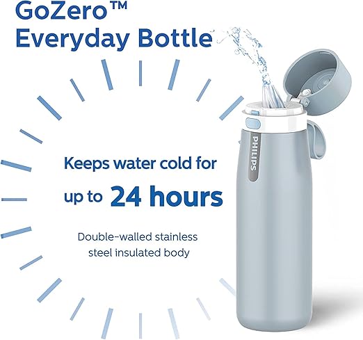 PHILIPS Insulated Stainless Steel Filtered Water Bottle with 3 Philips GoZero Everyday Tap Water Filters BPA Free Transform Tap Water into Healthy Tastier Water Keep Drink Hot/Cold, 18.6 oz, Blue