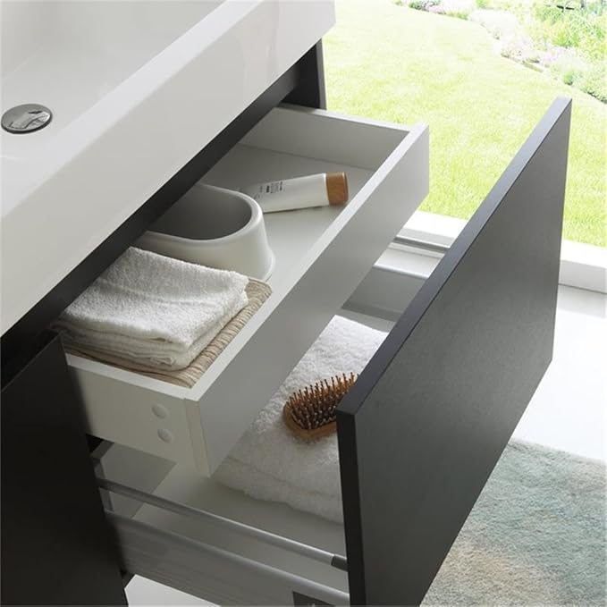 Fresca Mezzo 48 Inch Black Wall Hung Modern Double Bathroom Vanity and Medicine Cabinet - Includes Double Integrated Sinks with 4 Soft-Closing Hidden Drawers - Faucets Not Included - FVN8012BW