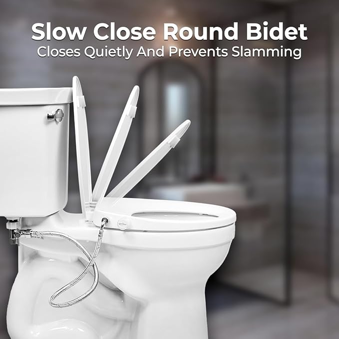 GenieBidet Bidet Toilet Seat Round - Bidet Toilet Seat with Adjustable Self-Cleaning Nozzles, Attachment, T Adapter & Bottle - Non Electric Bidet Seat