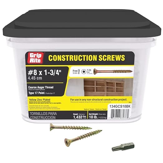 Grip-Rite 134GCS10BK #8 x 1-3/4" Star Drive Gold Construction Wood Screw, 10lb Bucket