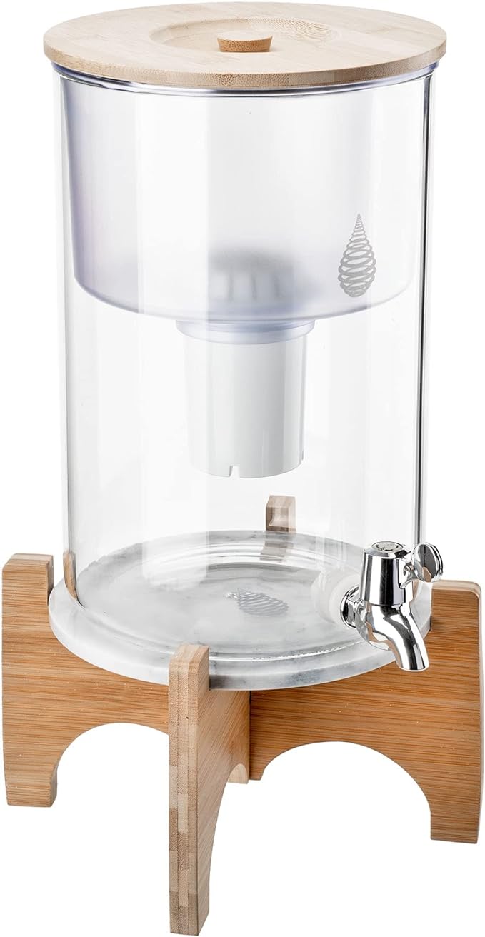 pH Recharge Glass Alkaline Water Filter Dispenser - Countertop Water Filter System - Alkaline Water Purifier Pitcher - High pH Pure Drinking Water Filtration - 8.5L/2.25 Gal (Bamboo/Marble)
