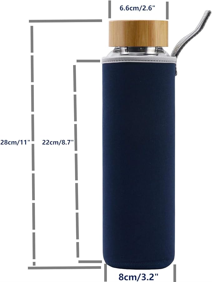 Glass Water Bottle 32 oz Wide Mouth with Sleeve Bamboo Lid Motivational Water Bottle With Time Marker Reusable Safe for Hot Cold Drinks Bpa Free (Navy Blue)