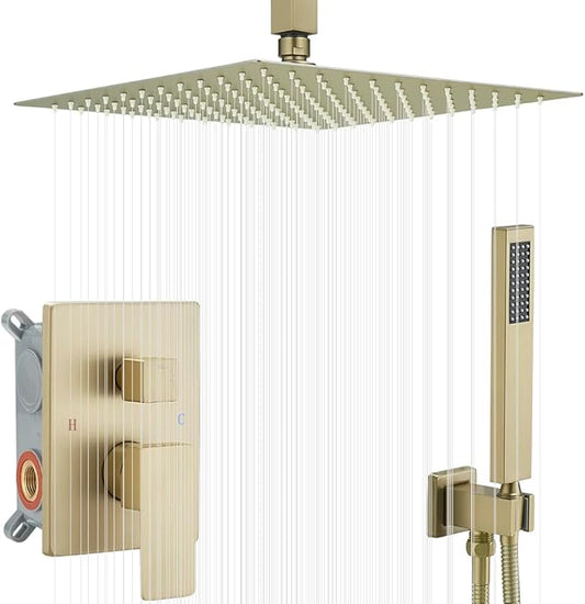 16 Inch Brushed Gold Ceiling Mount Shower System Bathroom Luxury Rain Mixer Shower Combo Set Ceiling Rainfall Shower Head System Faucet Contain Rough-in Valve and Trim Included