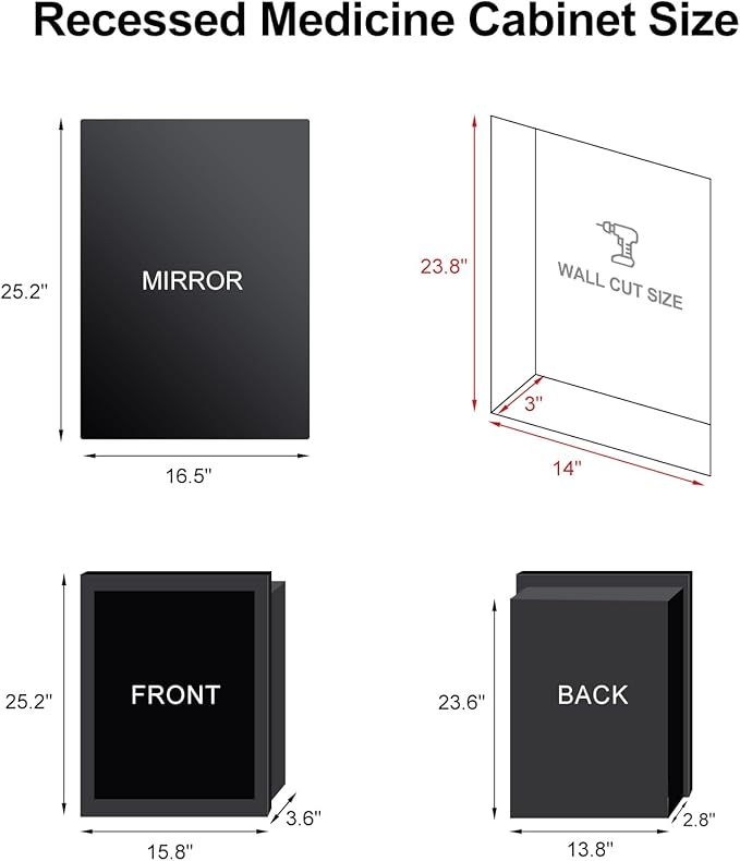 Metal Recessed Medicine Cabinets for Bathroom Medicine Cabinet with Mirror,Medicine Cabinet Wall Mounted,Bathroom Cabinet with Mirror,Adjust Shelves Mirrored Cabinets with Storage 16x26