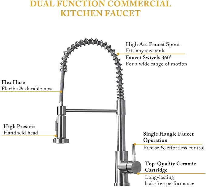 Kitchen Faucet with Pull Down Sprayer, Spring Single Handle Kitchen Sink Faucets Modern Brushed Nickel Pull-Out Spring Stainless Steel Kitchen Faucets for Camper Farmhouse RV Bar Kitchen Sinks