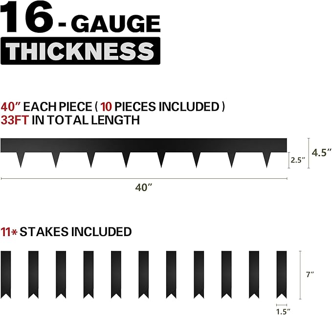 KOL Galvanized Steel Flexible Garden Lawn Edging, 10-Pack Black Metal Landscape Edging Strips - Heavy Duty Hammer-in Border with 11 Clips - 16-Gauge - 40" L x 4.5" H (33FT Total Length)