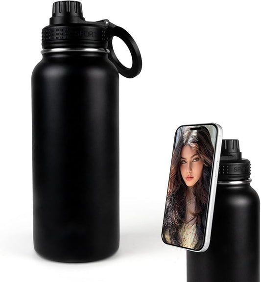 Magnetic Water Bottle with Phone Holder, 32oz Insulated Water Bottle Stainless Steel Travel Water Bottle for Gym, Hot 12H, Cold 24H (Black) (Black)