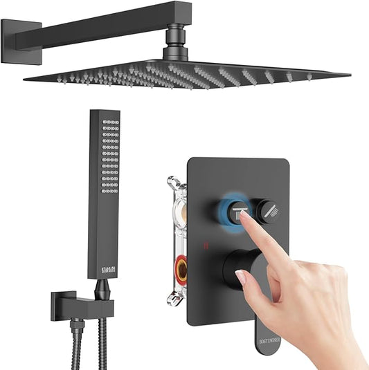 Rainfall Shower System with Handheld Spray and 12" Rain Shower Head, Can Be Use at Same Time, Push Button Multi Shower Head System for 2 People, Matte Black