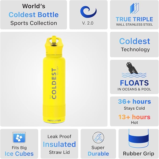 Coldest Sports Water Bottle with Straw Lid Vacuum Insulated Stainless Steel Metal Thermos Bottles Reusable Leak Proof Flask for Sports Gym (Rocket Yellow, 40 oz)