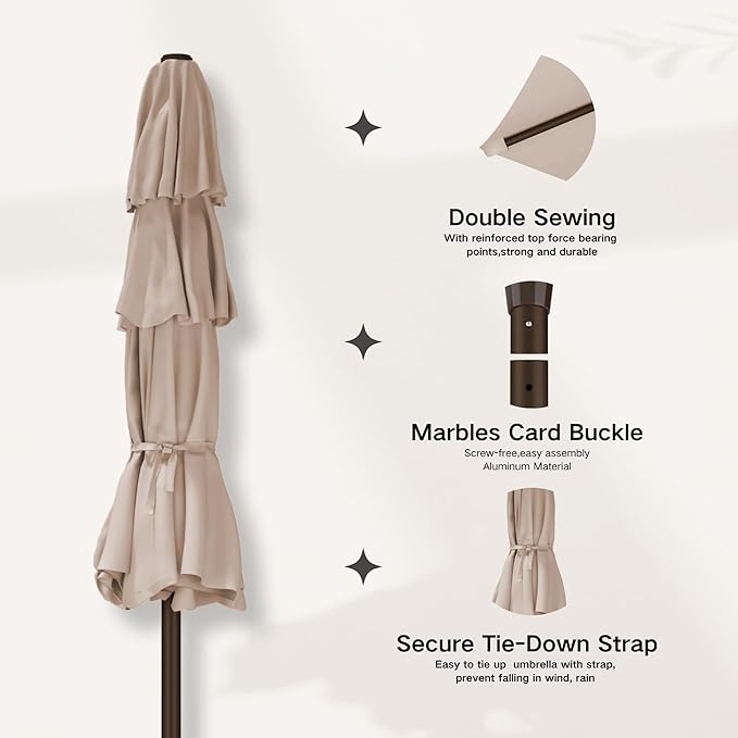 Kingdura 10ft 3-Tier Patio Umbrella with Solar Lights, Table Umbrella Outdoor Patio with Easy Crank & Tilt, 8 Sturdy Ribs, UV Protection, 32 LED Lights for Deck, Poolside, Market (Beige)