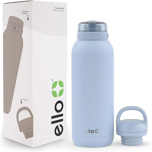 Ello Cooper 40oz Stainless Steel Water Bottle with 2 Lids Chug and Straw | Leak Proof | Double Walled and Vacuum Insulated | Built in Carry Loop | Dishwasher Safe | Halogen Blue