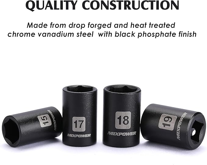 MIXPOWER 14 Pieces 1/2-Inch Drive Shallow Impact Socket Set, 11-32mm, CR-V, Metric, 6 Point, Shallow, 14 Pieces 1/2" Dr. Shallow Socket