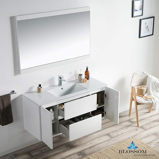 Blossom Single Bathroom Vanity with Ceramic Sink and Mirror | All Wood Floating Vanity Cabinet | 2 Doors and Soft-Closing U-Shaped Cutout Drawers| 48" w/Ceramic Sink and Mirror, Glossy White