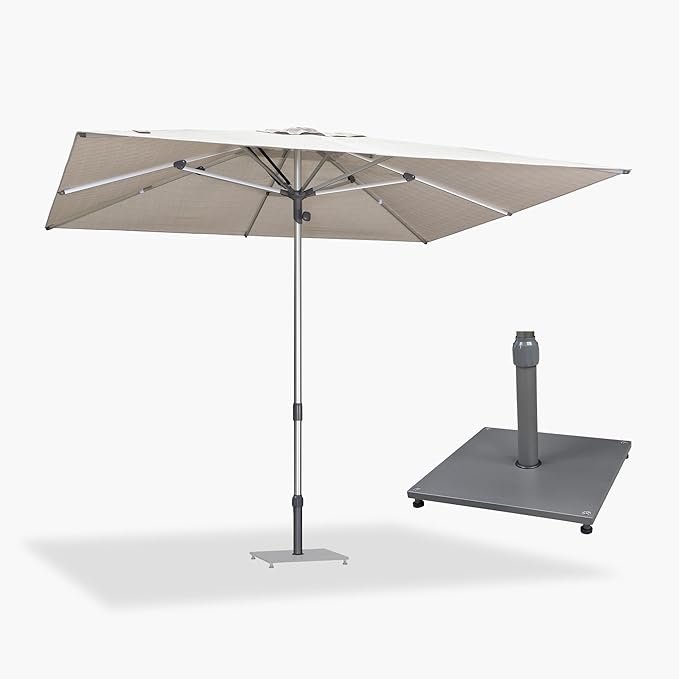 PURPLE LEAF 10 X 10 FT Semi-Auto Outdoor Patio Umbrella with Base Market Table Sun Umbrellas with 8 Aluminum Sturdy Ribs for Backyard Deck Garden Pool (Silver Pole Beige Canopy)