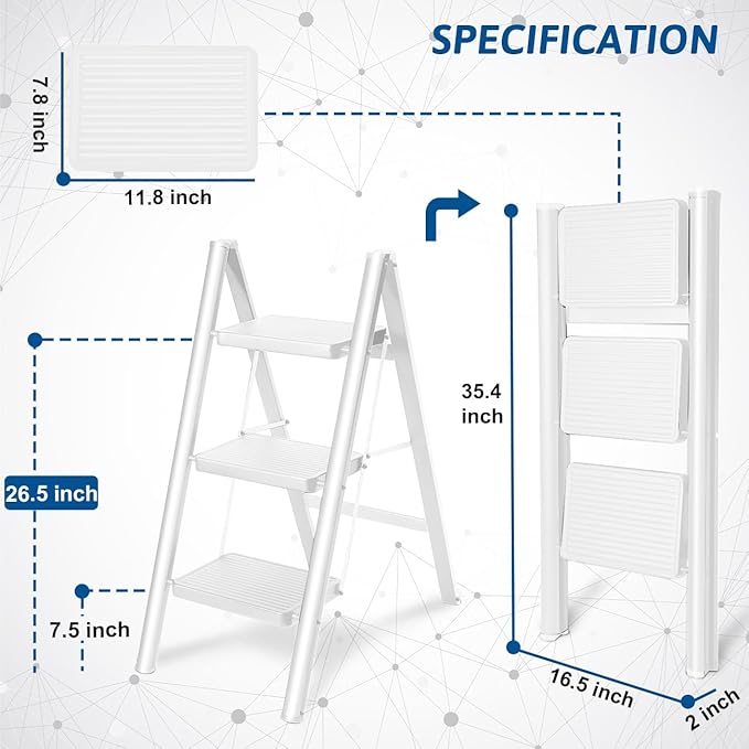 Double Elite Step Ladder 3 Step Folding, Sturdy 330 Lbs Load Step Stool for Adults, Safer Full Steel Kitchen Closet Ladder for Home, Multi-use Small Step Stool Ladder with Anti-Slip Wide Pedals, White