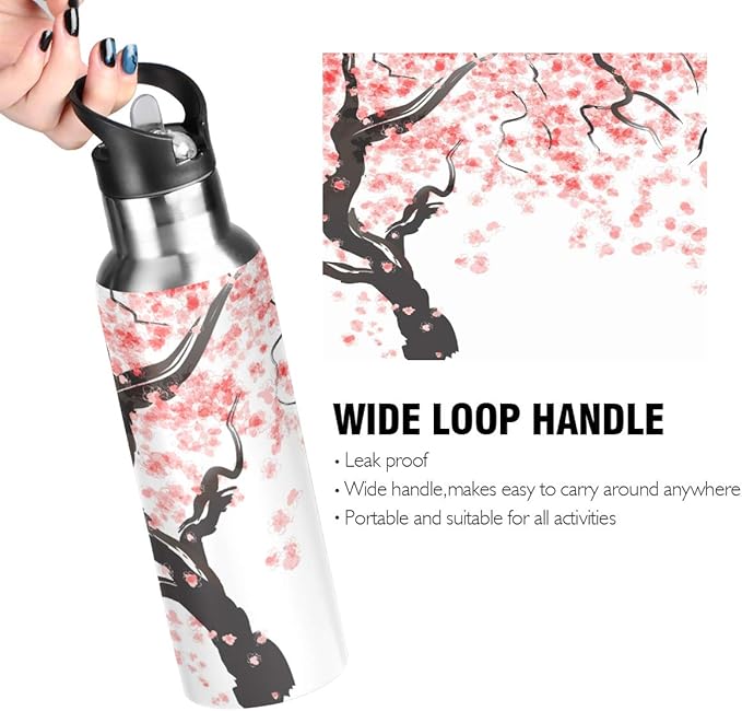 Blueangle 22oz Japanese Cherry Blossom Water Bottle, BPA Free Stainless Steel Water Bottle Leak-Proof Sports Bottle for Camping Workouts Gym and Outdoor Activity