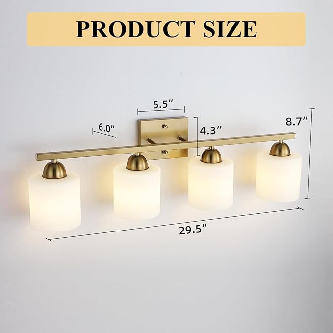 Stainless Steel Milk Glass Vanity Lights for Bathroom, 4 Light Gold Bathroom Light Fixtures Over Mirror, Ceramic E26 Sockets Wall Mounted