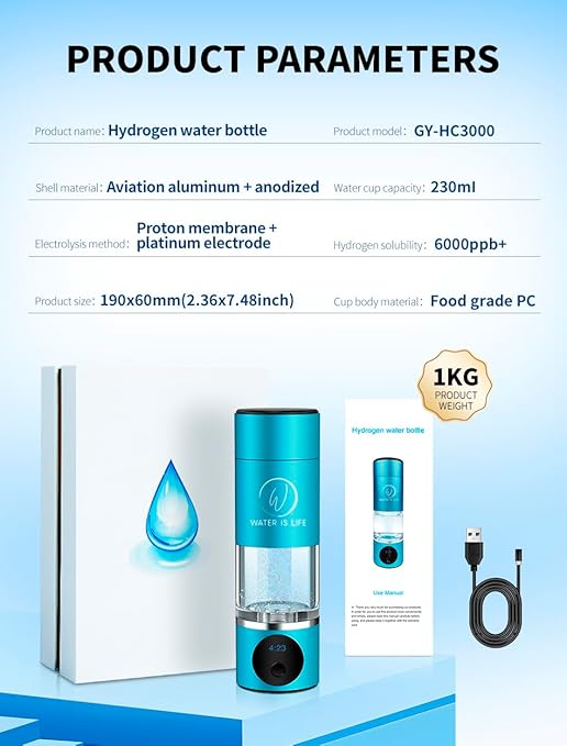 Premium Waterproof Hydrogen Water Ionizer Bottle with LED Light, Magnetic Charging Port, 6000 ppb Hydrogen Content, SPE Electrolysis Technology, Bottom Vent to Discharge Gases. (Grey)