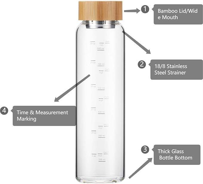 Glass Water Bottle 32 oz Wide Mouth with Sleeve Bamboo Lid Motivational Water Bottle With Time Marker Reusable Safe for Hot Cold Drinks Bpa Free (Navy Blue)