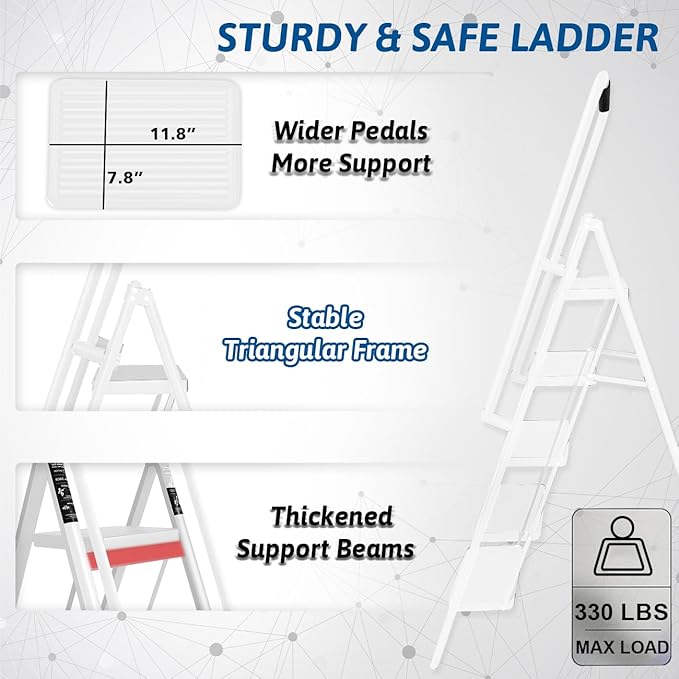 Double Elite Step Ladder 5 Step Folding with Handrails, Safer 5 Step Ladders for Home, Convenient Folding Step Stool with Tool Bag, Sturdy Indoor/Outdoor Ladder for Adults Anti-Slip Pedals, White
