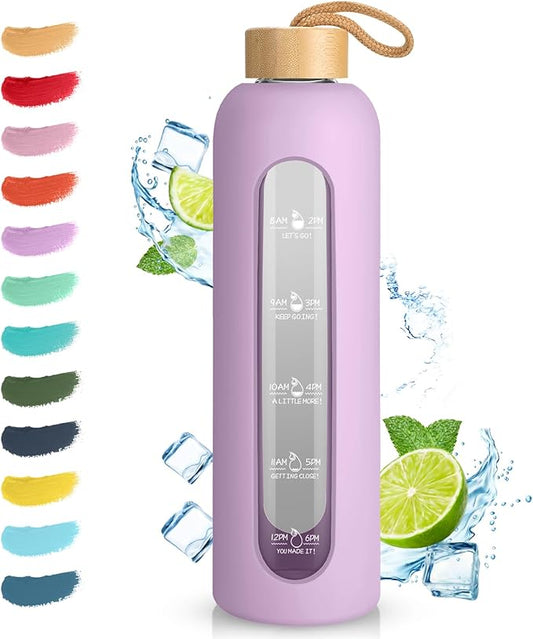 Sursip 32 oz Glass Water Bottle with Time Marker,1 Liter BPA-Free Reusable Motivational Water Bottle with Non-Slip Silicone Sleeve and Bamboo Lid, Ice Cube Tray, Leak-Proof, Dishwasher Safe