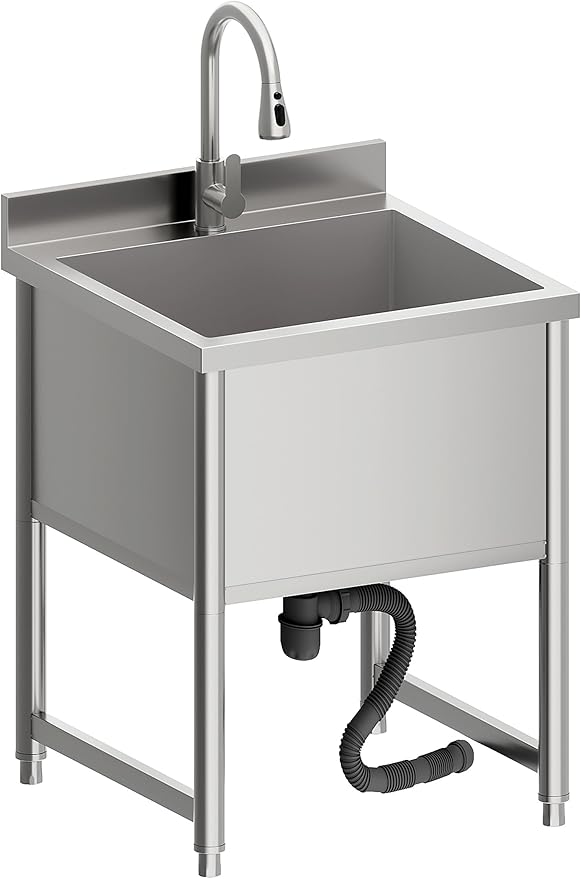 Stainless Steel Commercial Restaurant Sink, Freestanding Large Commercial Sink with Pull-out Faucet for Kitchen Dishwashing, Thawing, Pet Cleaning, Laundry Room, 23.6"D x 21.6"W x 36.8"H