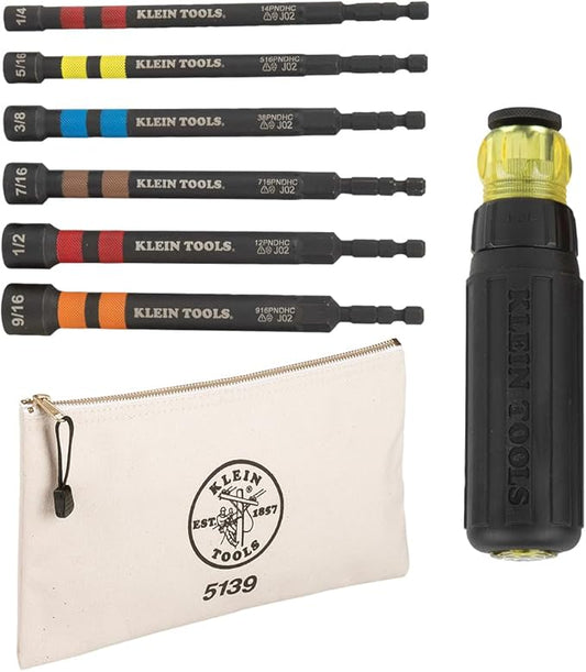 Klein Tools 80182 Ratcheting Impact-Rated Hollow Power Nut Driver Set with Handle, Magnetic, 6 SAE Hex Sizes plus Zipper Canvas Tool Bag, 12.5 x 7 x 0.7-Inch 8-Piece