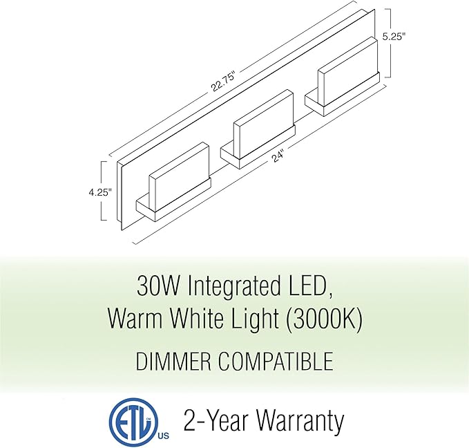 Kira Home Everett 24" Modern 3-Light 30W Integrated LED (180W eq.) Bathroom/Vanity Light, Rectangular Acrylic Lenses, Energy Efficient, Eco-Friendly, 3000k Warm White Light, Oil Rubbed Bronze Finish