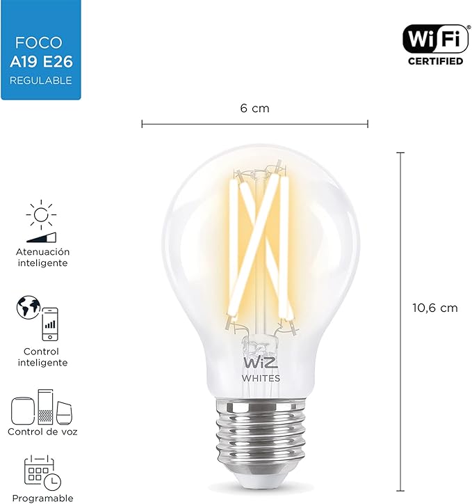 WiZ Clear 60W A19 Tunable White Filament LED Smart Bulb - Pack of 4 - E26- Indoor - Connects to Your Existing Wi-Fi - Control with Voice or App + Activate with Motion - Matter Compatible