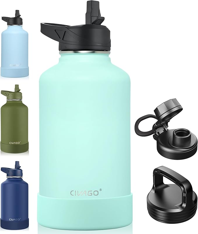 CIVAGO 64 oz Insulated Water Bottle With Straw, Half Gallon Stainless Steel Sports Water Flask Jug with 3 Lids (Straw, Spout and Handle Lid), Large Metal Thermal Cup Mug, Seafoam