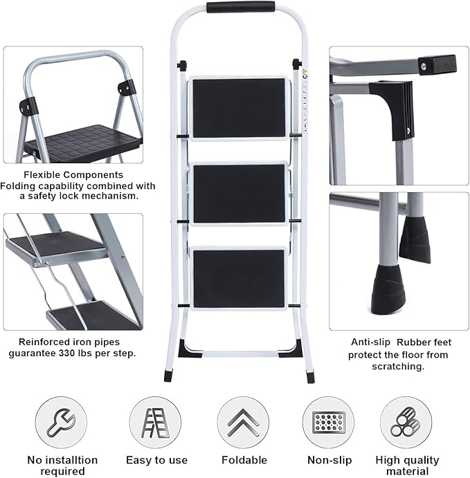 3-Step Ladder Folding Step Stool with Anti Slip Pedal and Handgrip Portable Sturdy Ladder for Home & Office 330 Lbs Silver Grey