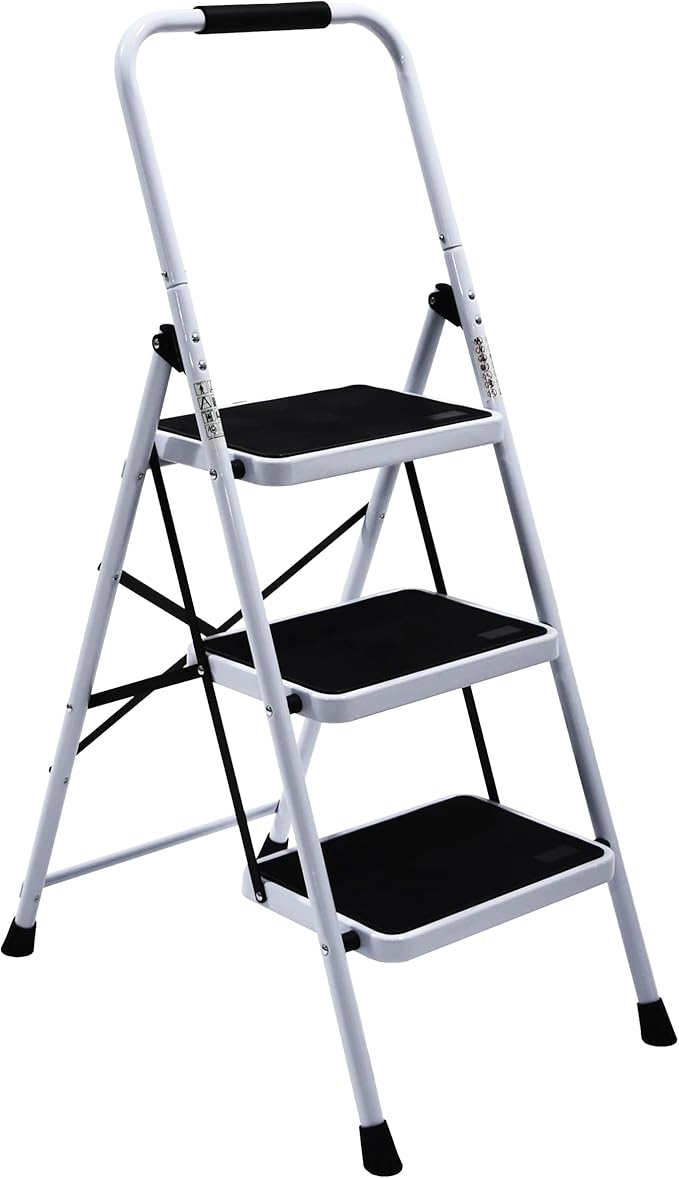Wiberwi 3 Step Ladder Folding Step Stool for Adults with Top Handrail 330 Lbs Capacity, Lightweight & Portable Step 3 Stool Ladders with Wide Pedal for Home Kitchen Sturdy Steel Frame