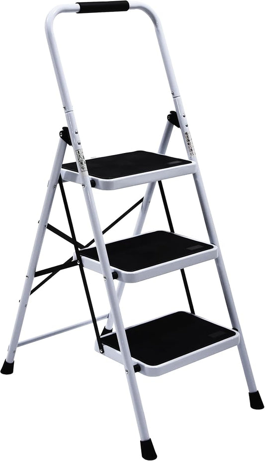Wiberwi 3 Step Ladder Folding Step Stool for Adults with Top Handrail 330 Lbs Capacity, Lightweight & Portable Step 3 Stool Ladders with Wide Pedal for Home Kitchen Sturdy Steel Frame