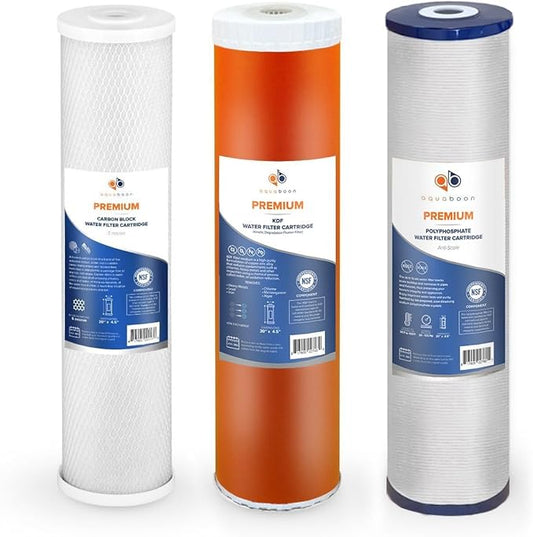 Aquaboon Whole House Water Filter Cartridge Replacement Set | 5 Micron Water Filter 20"x4.5" | Premium Polyphosphate Anti-Scale, KDF, CTO Carbon Water Filter for Water Filtration System