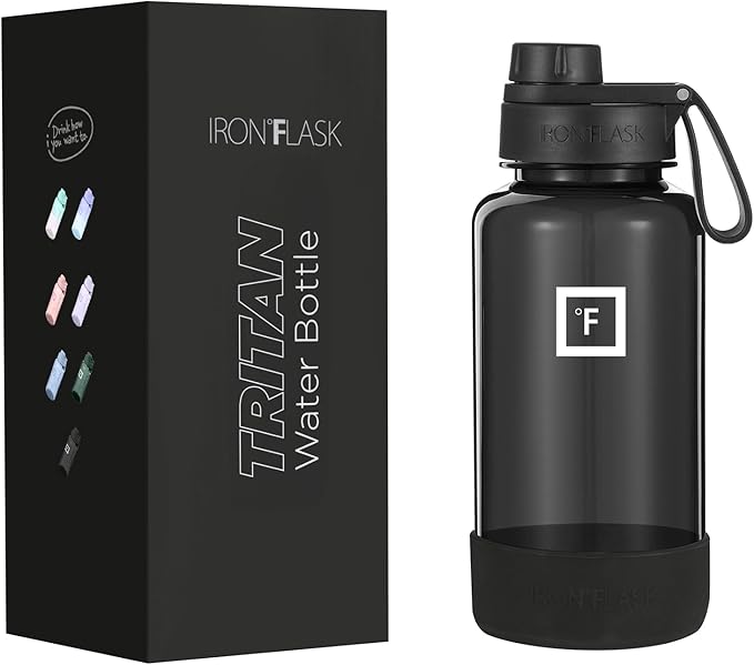 IRON °FLASK Clear Tritan Trekker Water Bottle with Chug Lid & Rubber Boot - Leak Proof & Lightweight for Gym, Hiking, Sports - Dishwasher Safe, BPA Free Plastic - Black, 32 Oz